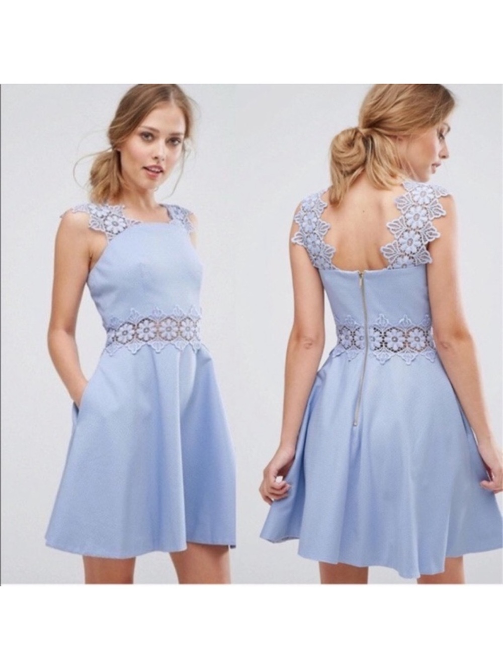 Ted Baker Pale Blue Lace Waist & Shoulder Fit-and-Flare Dress Size 2 (US Size 6)